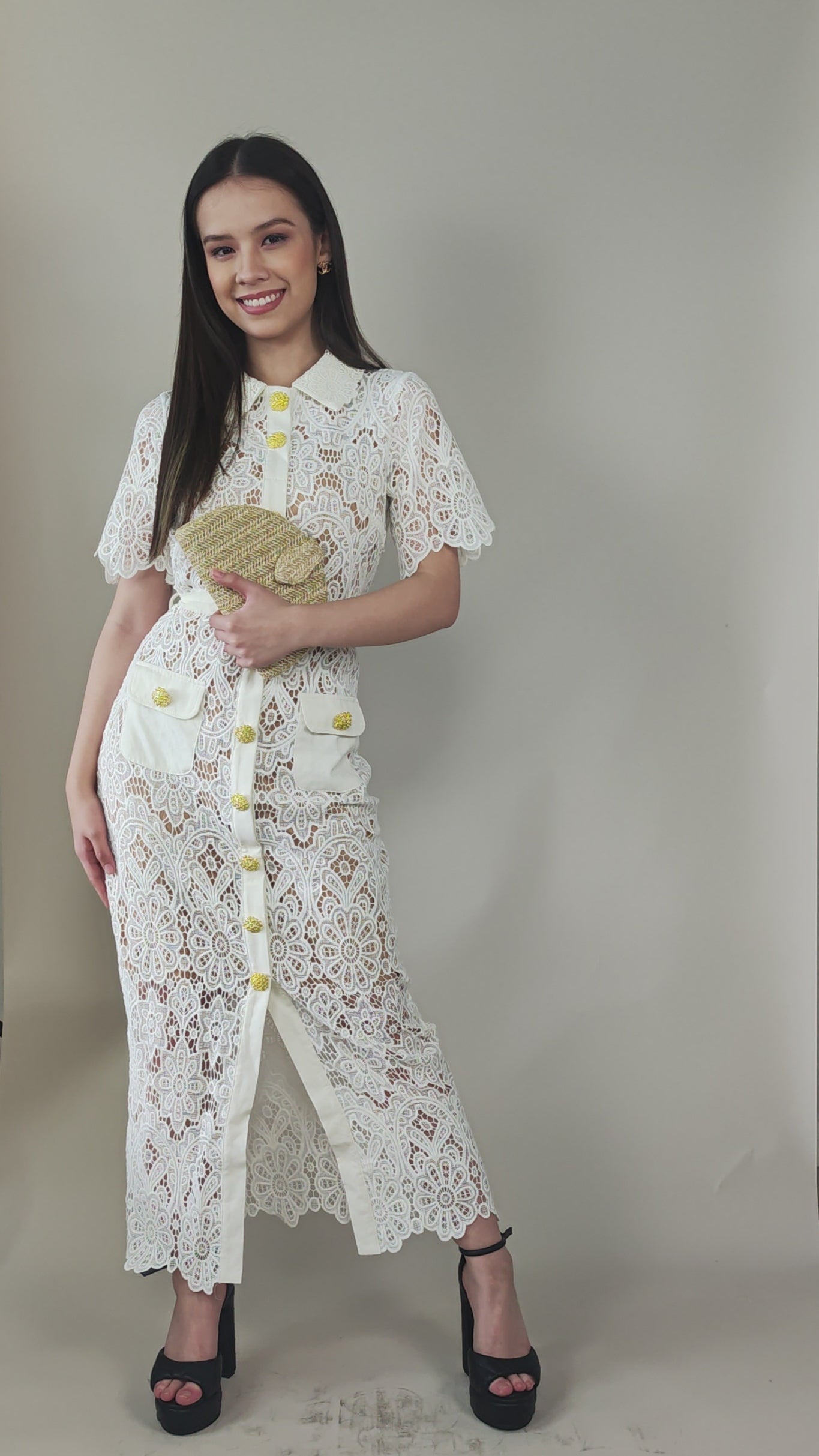 Lace White Dress with Gold Buttons