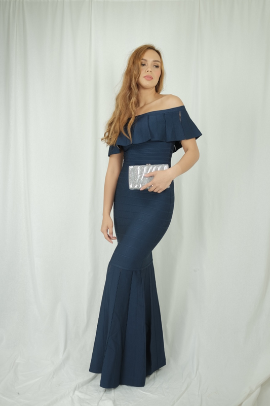 Blue Bandage Off Shoulders Gown