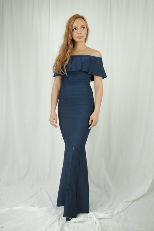 Blue Bandage Off Shoulders Gown