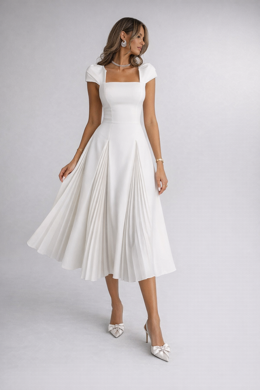 White pleated Midi Dress