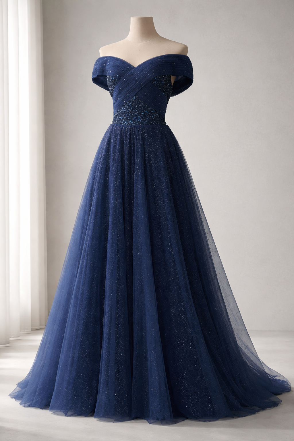 Navy Blue Off shoulder Gown