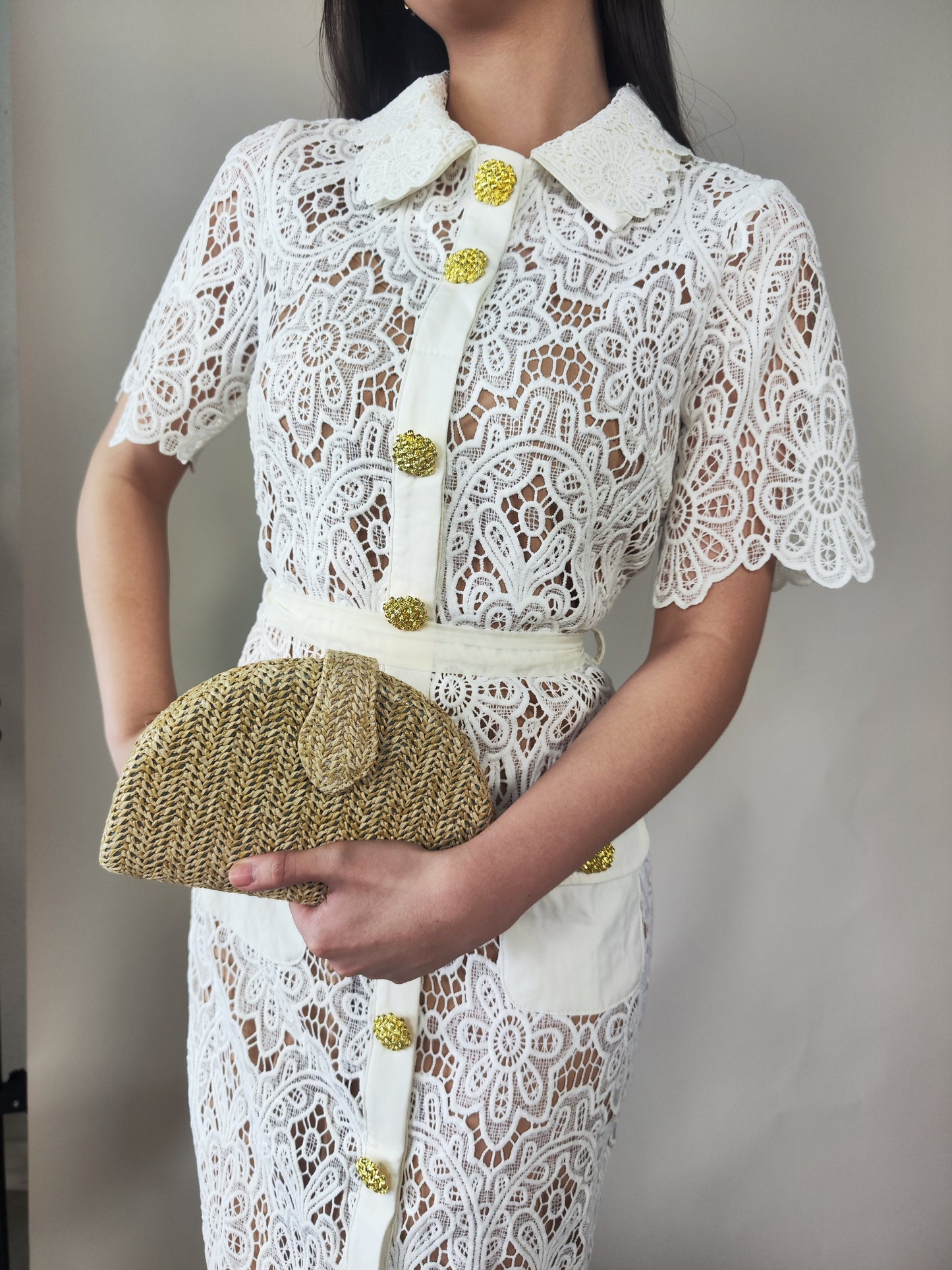 Lace White Dress with Gold Buttons