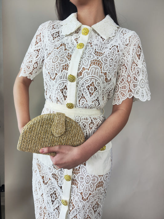 Lace White Dress with Gold Buttons