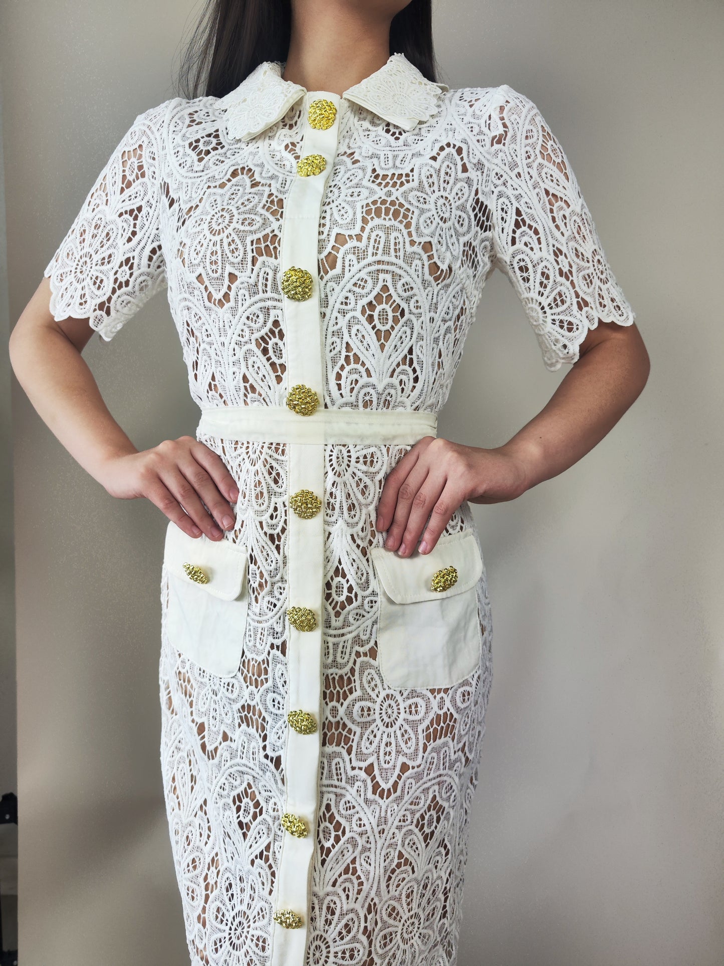 Lace White Dress with Gold Buttons